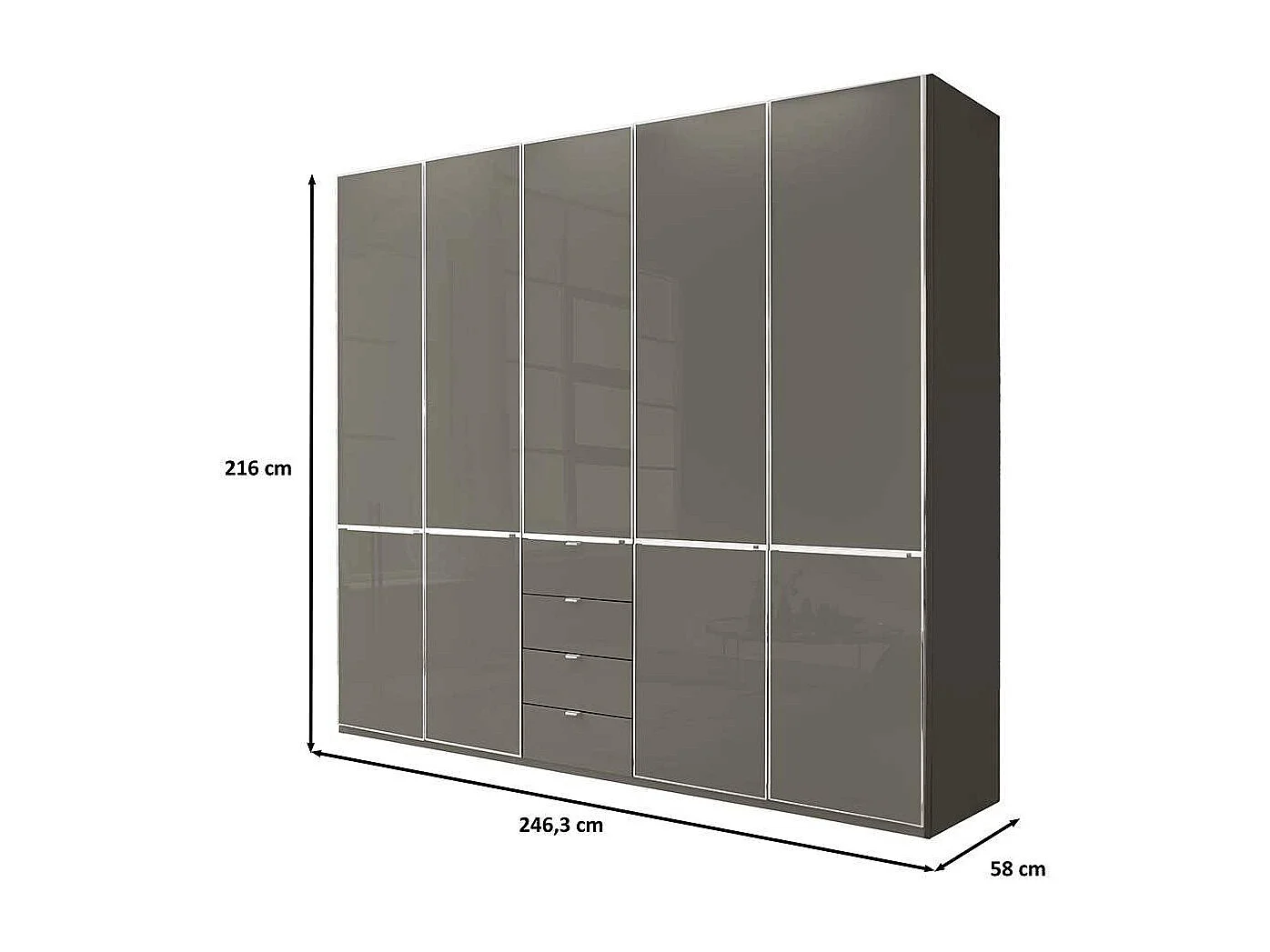 Kleiderschrank Schlafzimmerschrank mit vier Schubladen Front glasbeschichtet