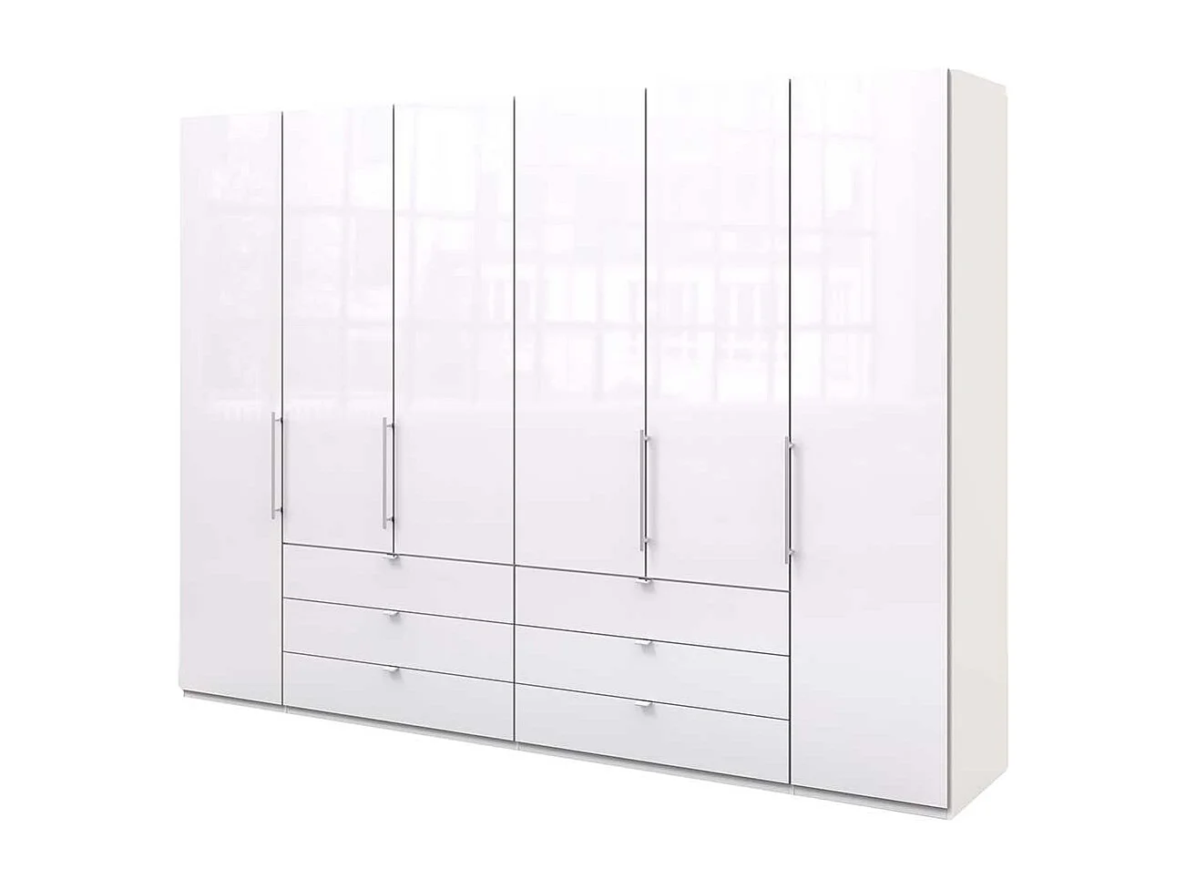 Großer Falttürenschrank in Weiß sechs Schubladen
