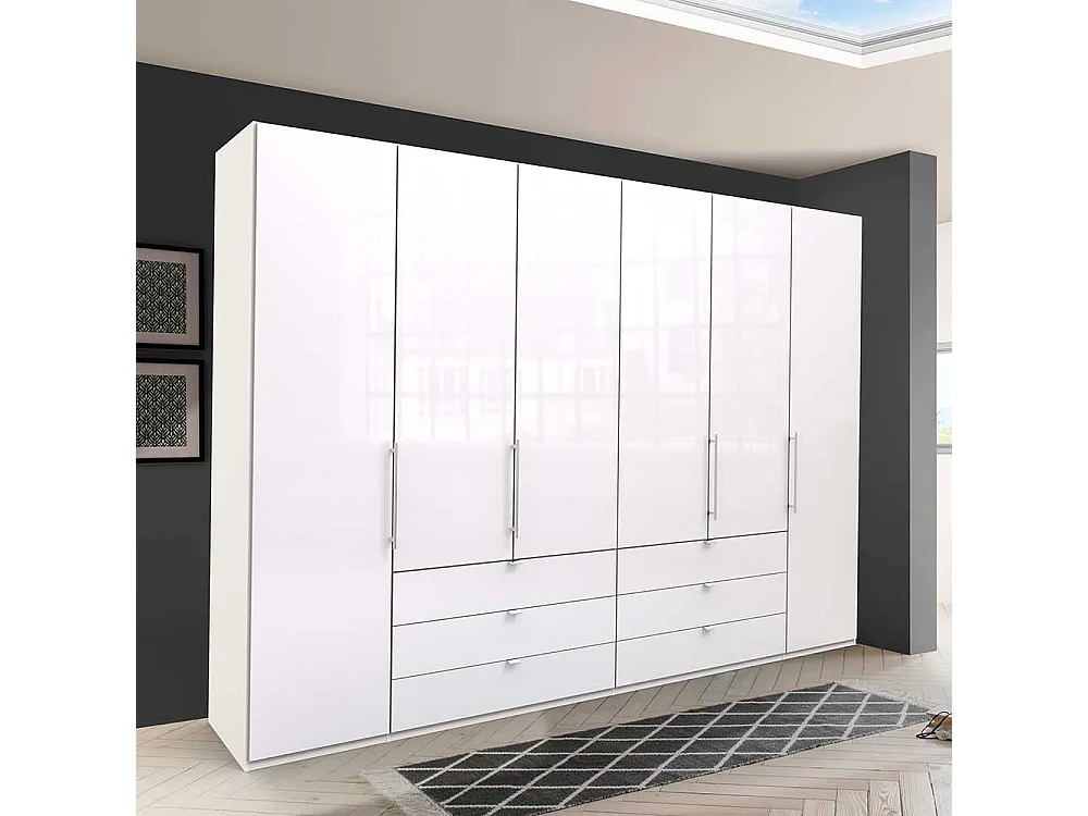 Großer Falttürenschrank in Weiß sechs Schubladen