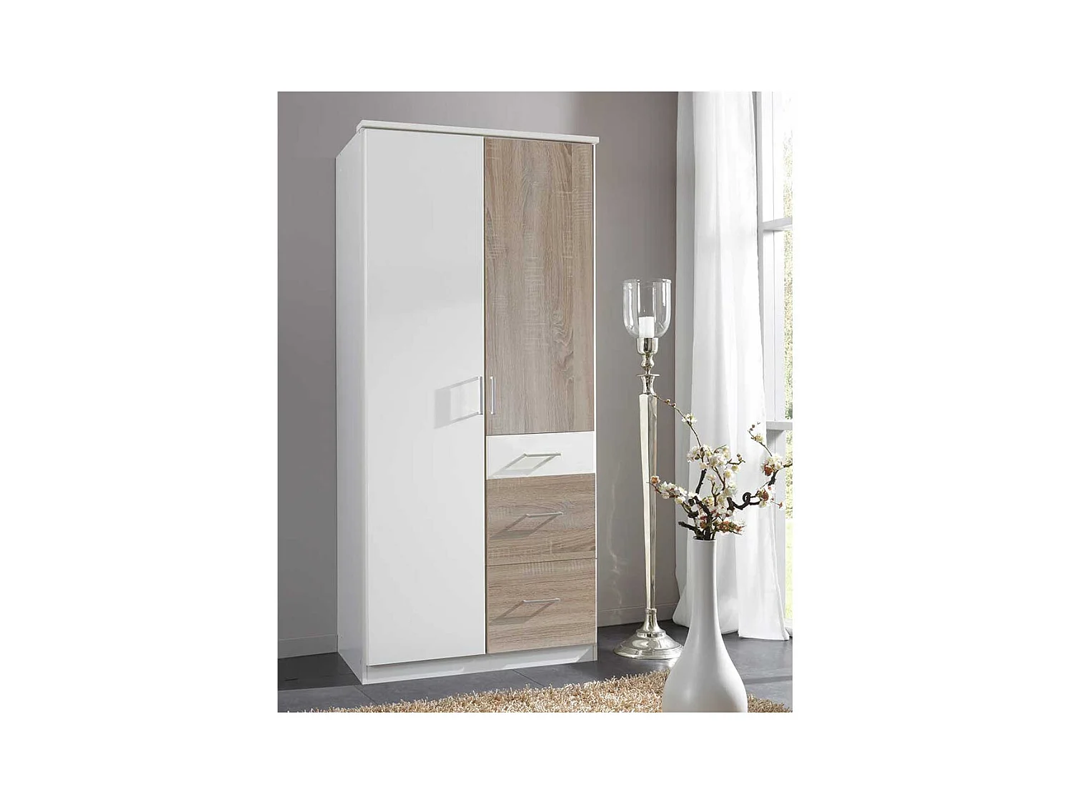 Kleiderschrank Weiß Eiche sägerau mit drei Schubladen Made in Germany