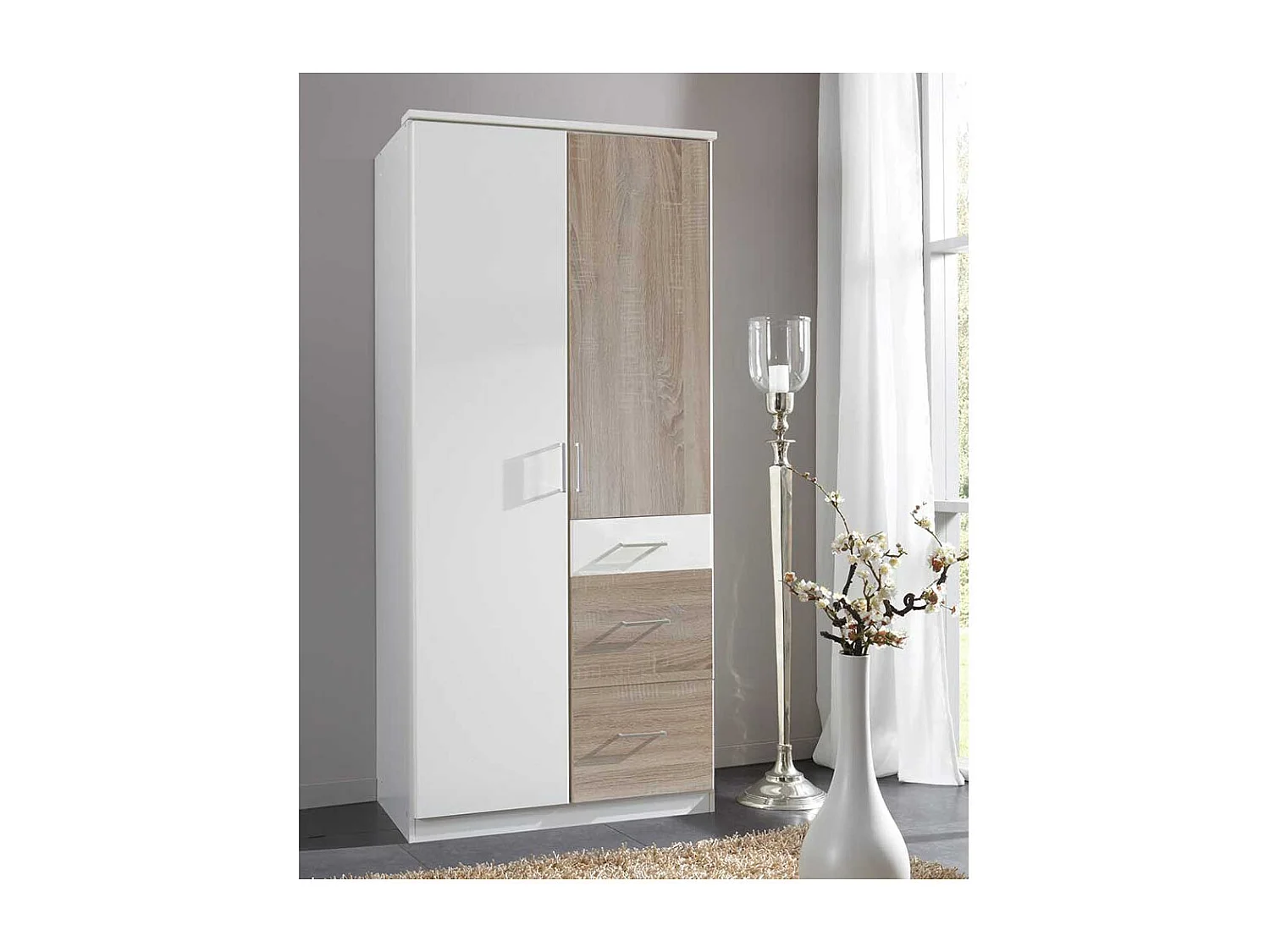 Kleiderschrank Weiß Eiche sägerau mit drei Schubladen Made in Germany