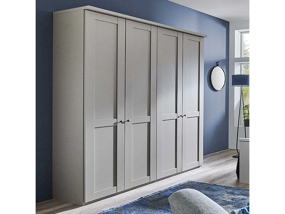 Hellgrauer Schlafzimmerschrank 200 cm breit 4 Drehtüren