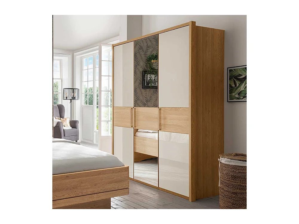 Schlafzimmerschrank in Beige und Eiche teilmassiv Spiegel