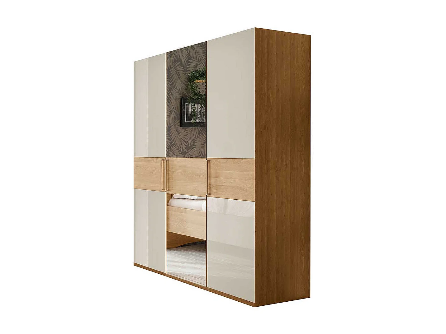 Schlafzimmerschrank in Beige und Eiche teilmassiv Spiegel