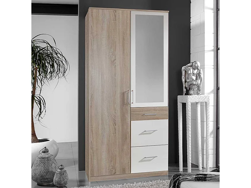 Schlafzimmerschrank mit Schubladen in Eiche Sägerau und Weiß 199 cm hoch