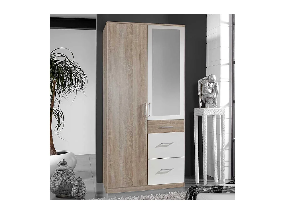 Schlafzimmerschrank mit Schubladen in Eiche Sägerau und Weiß 199 cm hoch
