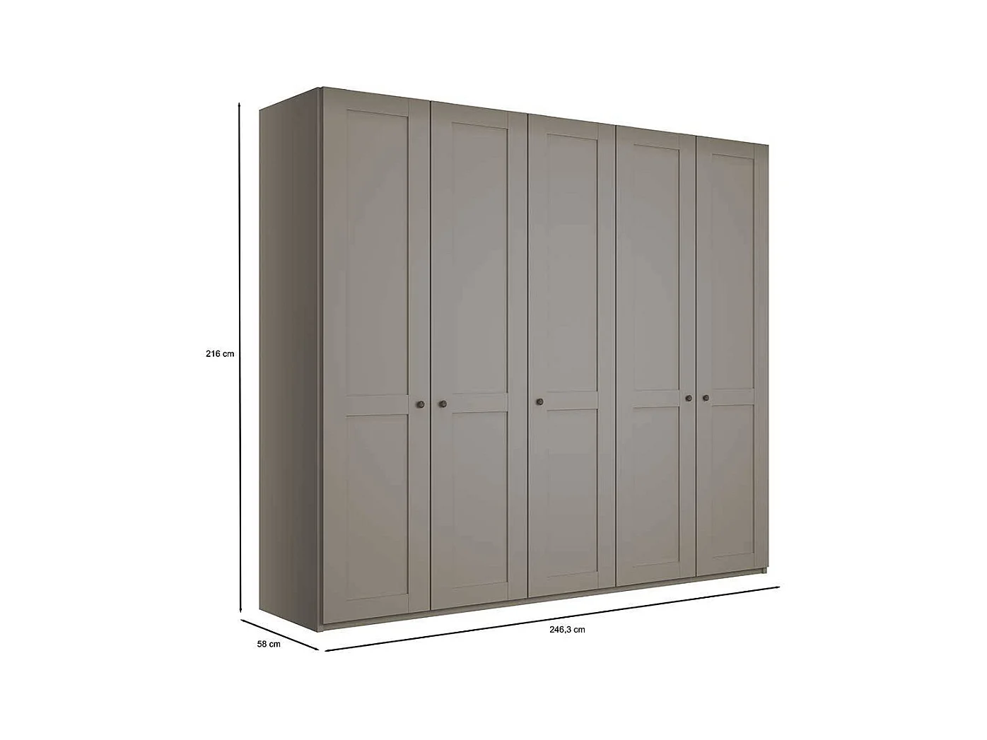 Hellgrauer Kleiderschrank 250 cm breit 5 Drehtüren
