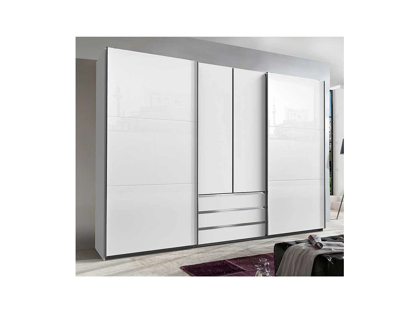 XL Schlafzimmerkleiderschrank weiss mit Dreh- und Schiebetüren drei Schubladen