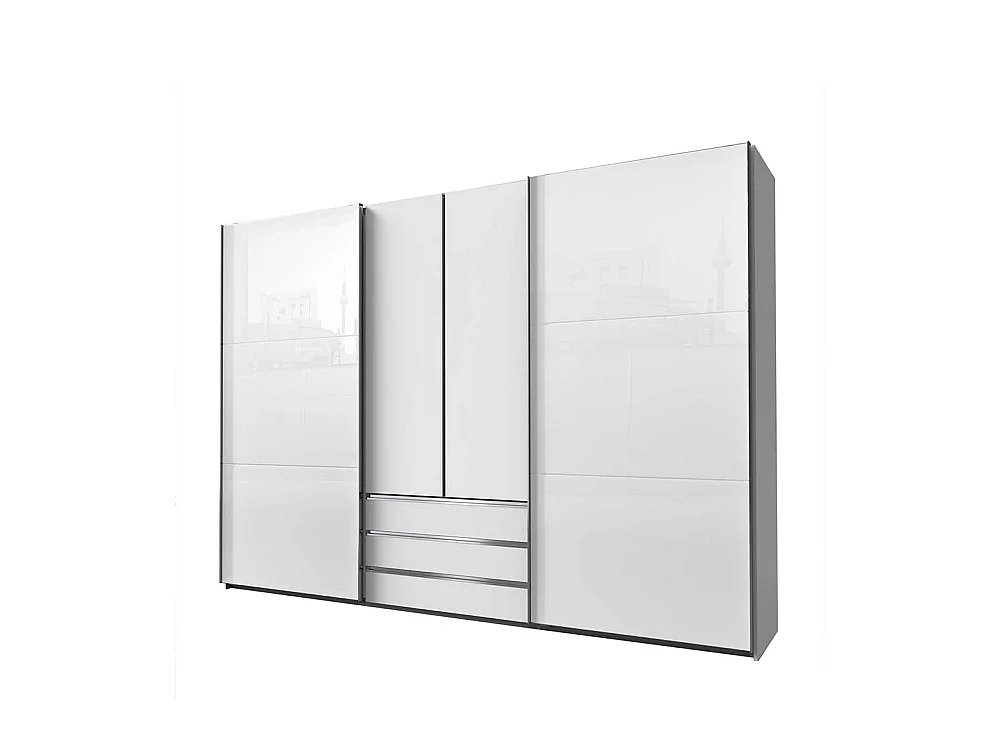 XL Schlafzimmerkleiderschrank weiss mit Dreh- und Schiebetüren drei Schubladen