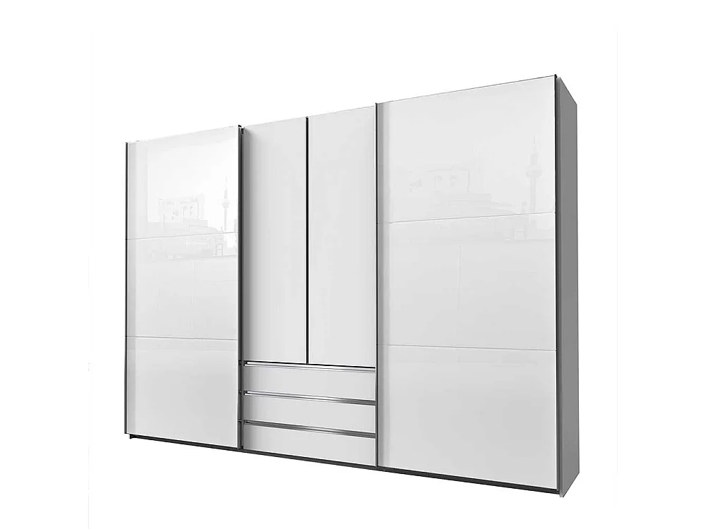 XL Schlafzimmerkleiderschrank weiss mit Dreh- und Schiebetüren drei Schubladen