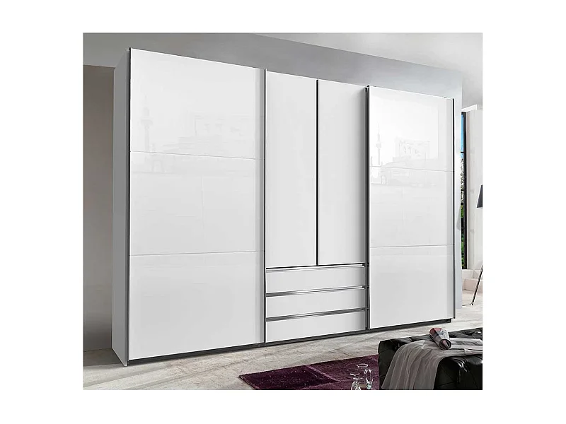 XL Schlafzimmerkleiderschrank weiss mit Dreh- und Schiebetüren drei Schubladen