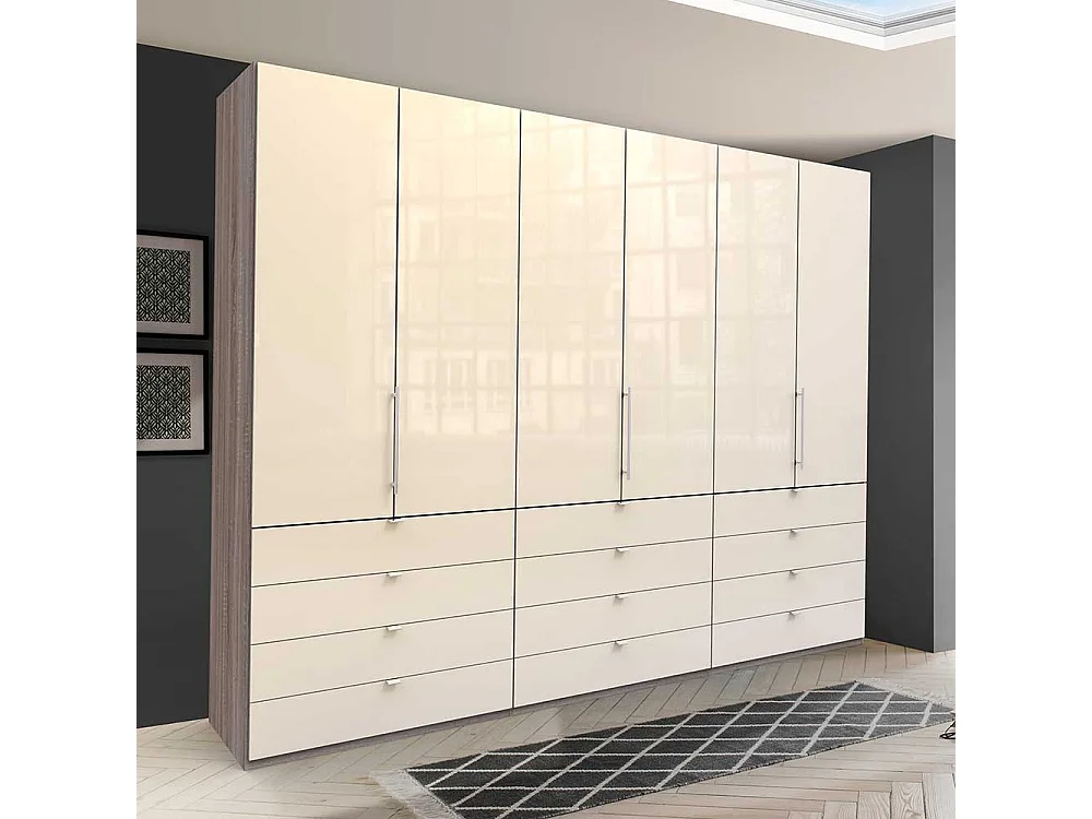 Glasbeschichteter Kleiderschrank mit Falttüren vielen Schubladen