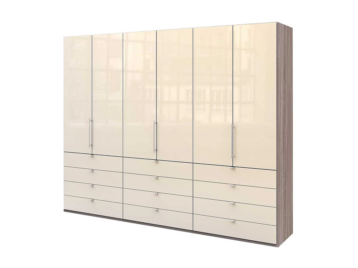 Glasbeschichteter Kleiderschrank mit Falttüren vielen Schubladen