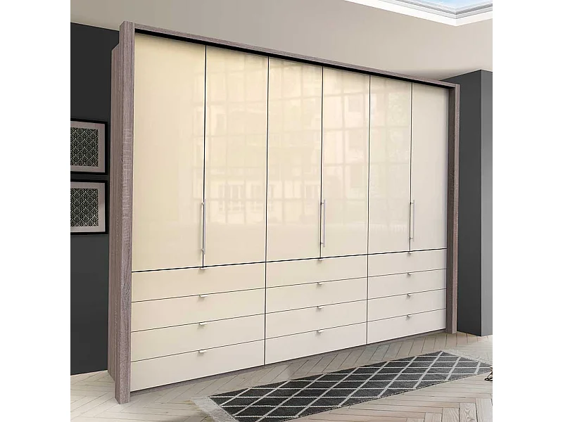 Glasbeschichteter Kleiderschrank mit Falttüren vielen Schubladen