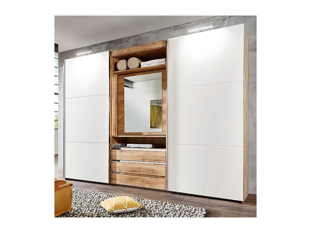 Moderner Funktions Kleiderschrank in Weiß und Holzoptik Plankeneiche Spiegel innen