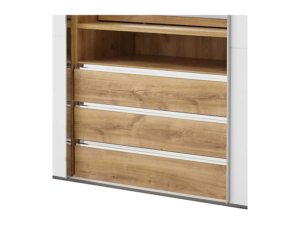 Moderner Funktions Kleiderschrank in Weiß und Holzoptik Plankeneiche Spiegel innen