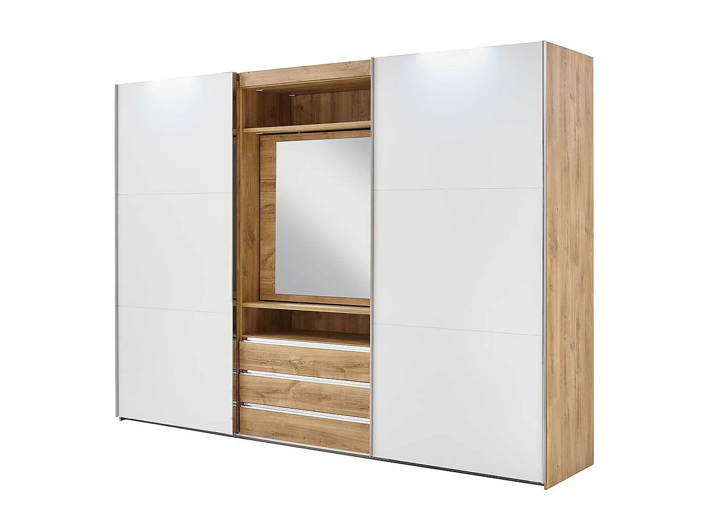 Moderner Funktions Kleiderschrank in Weiß und Holzoptik Plankeneiche Spiegel innen