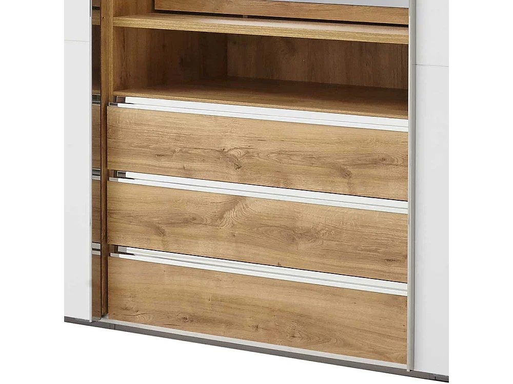 Moderner Funktions Kleiderschrank in Weiß und Holzoptik Plankeneiche Spiegel innen