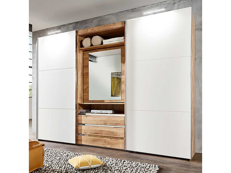 Moderner Funktions Kleiderschrank in Weiß und Holzoptik Plankeneiche Spiegel innen