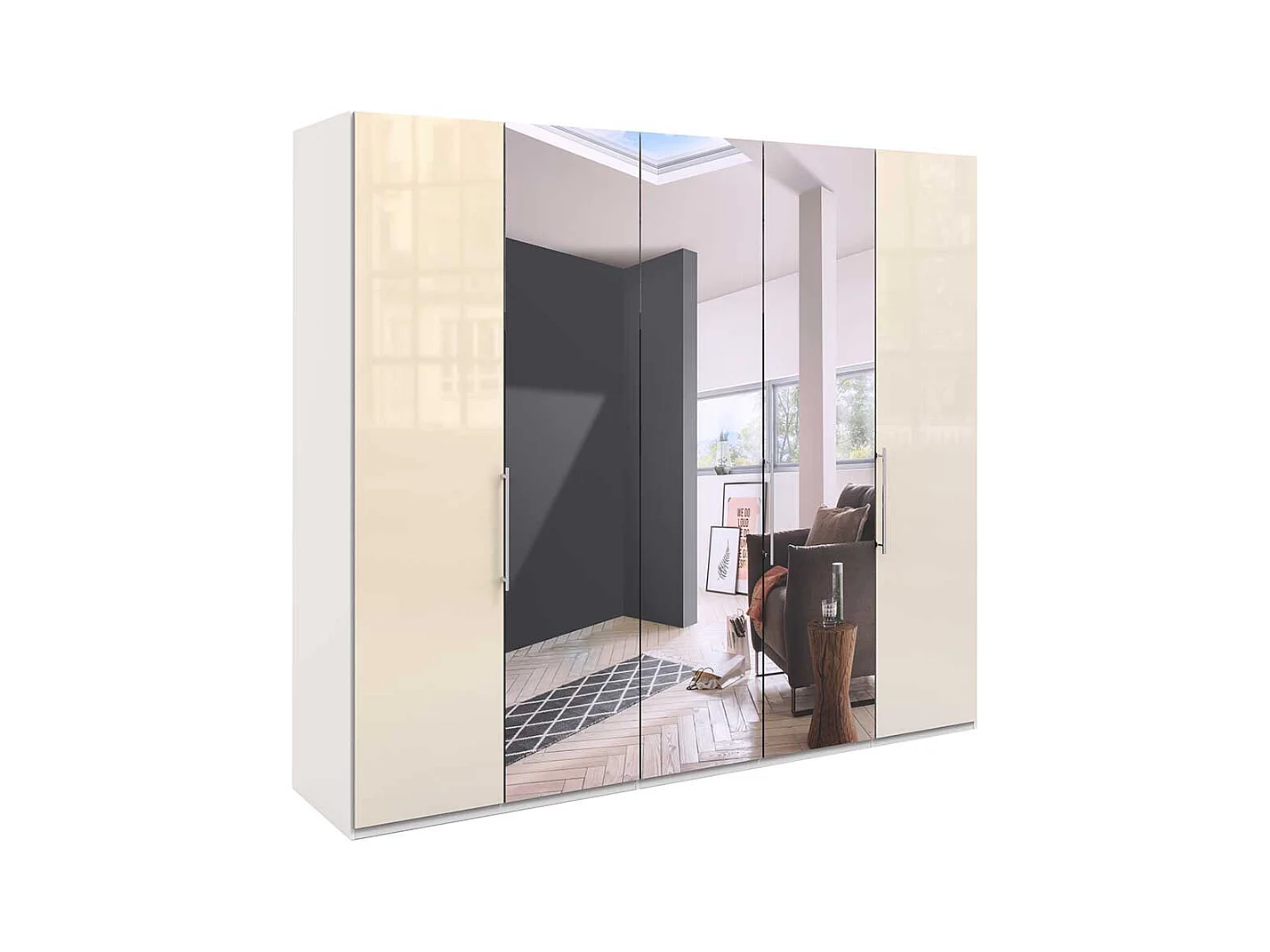Breiter Kleiderschrank in Cremefarben Falttüren