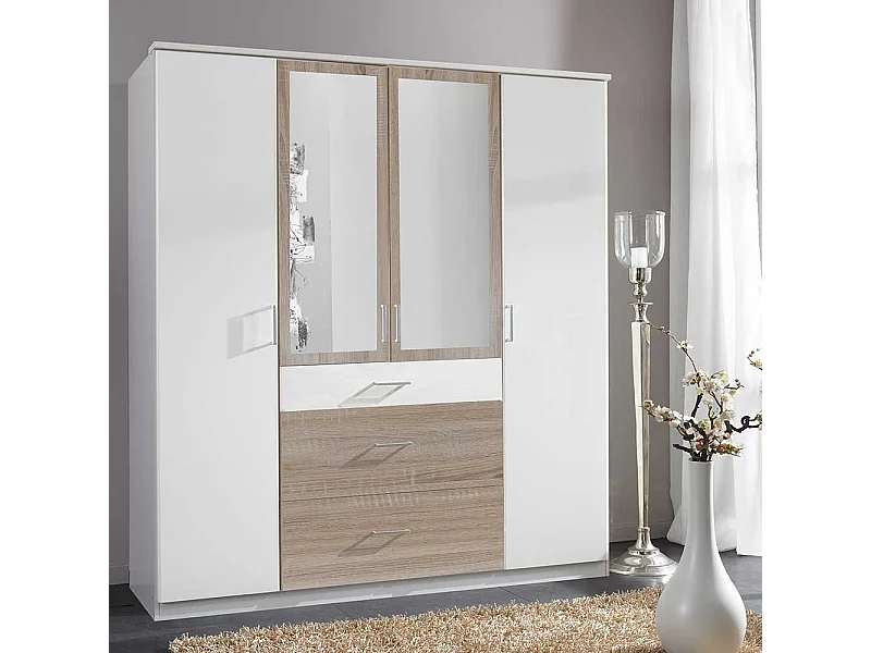 Moderner Kleiderschrank mit Spiegel in Eiche Sägerau und Weiß Made in Germany