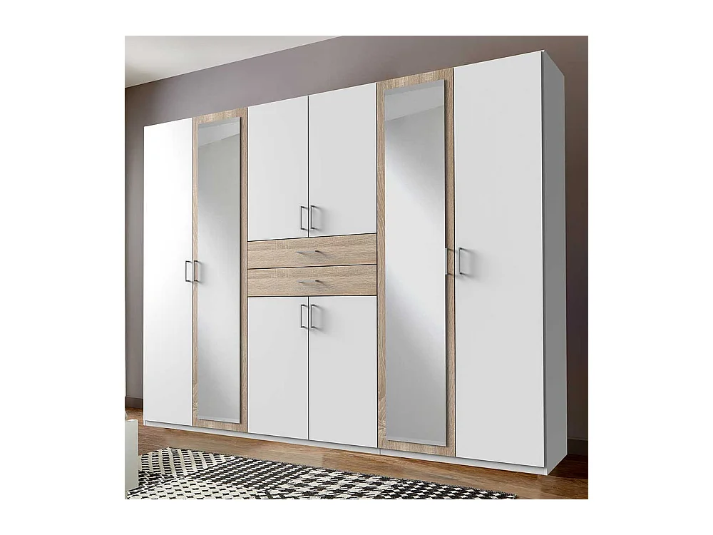 Kleiderschrank mit Schubladen und Spiegel in Weiß Eiche Sägerau