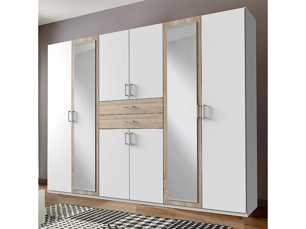 Kleiderschrank mit Schubladen und Spiegel in Weiß Eiche Sägerau