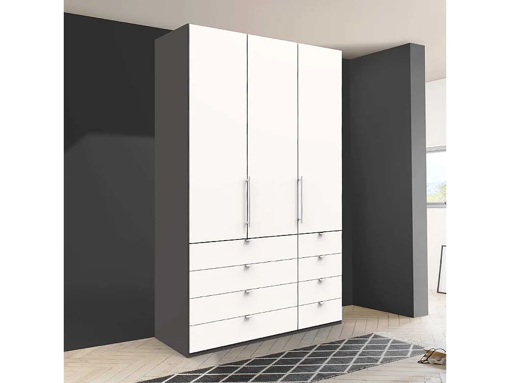 Falttüren Kleiderschrank in Weiß und Braun acht Schubladen