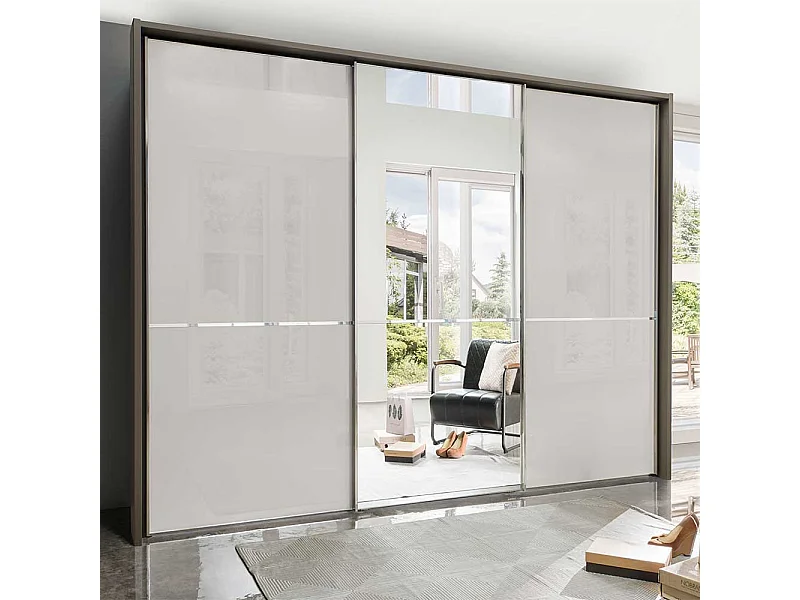 Spiegel Schwebetürenschrank in Hellgrau und Braun 260 cm breit