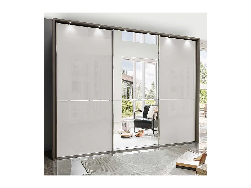 Spiegel Schwebetürenschrank in Hellgrau und Braun 260 cm breit