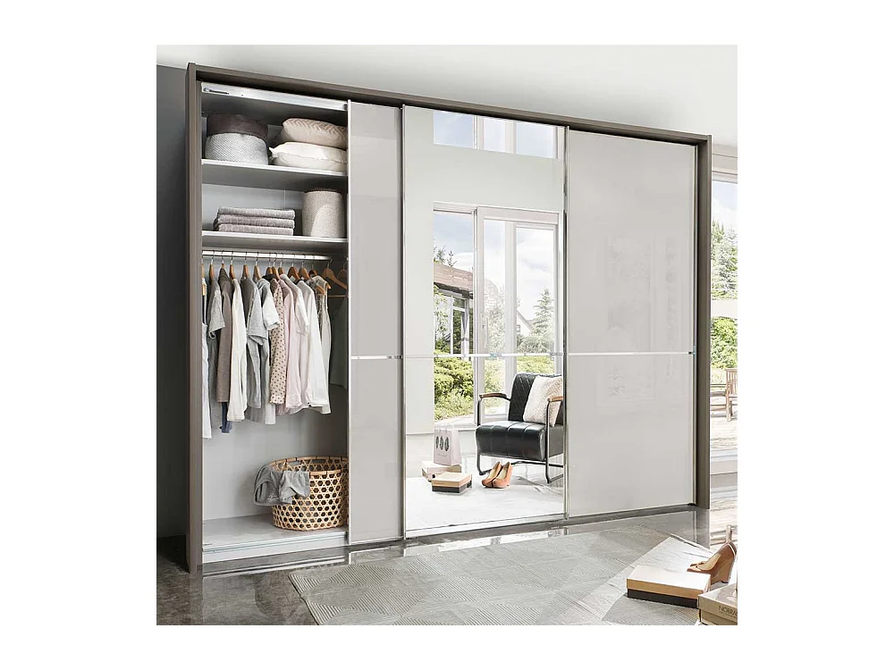 Spiegel Schwebetürenschrank in Hellgrau und Braun 260 cm breit