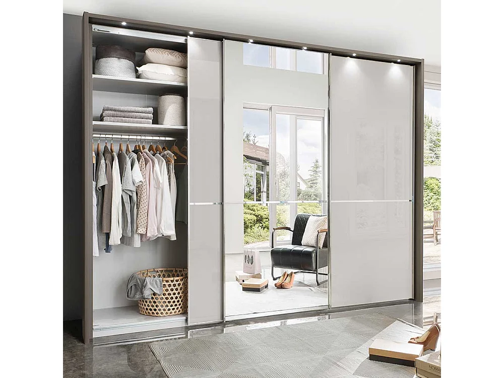 Spiegel Schwebetürenschrank in Hellgrau und Braun 260 cm breit