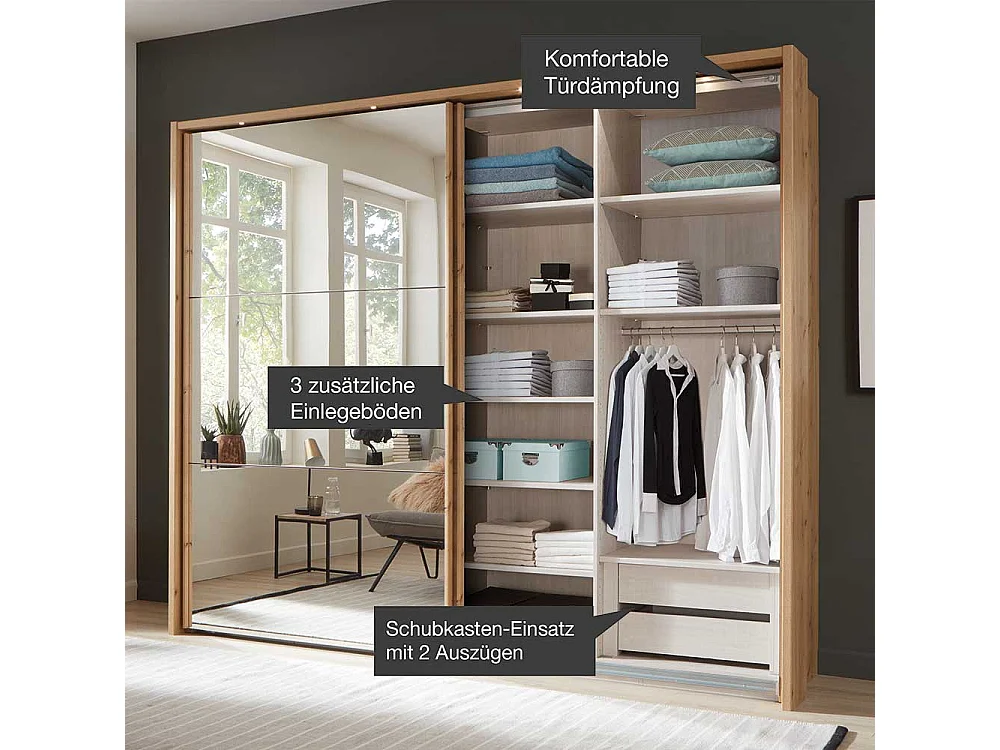 Kleiderschrank Schwebetüren in Eiche Bianco Spiegel