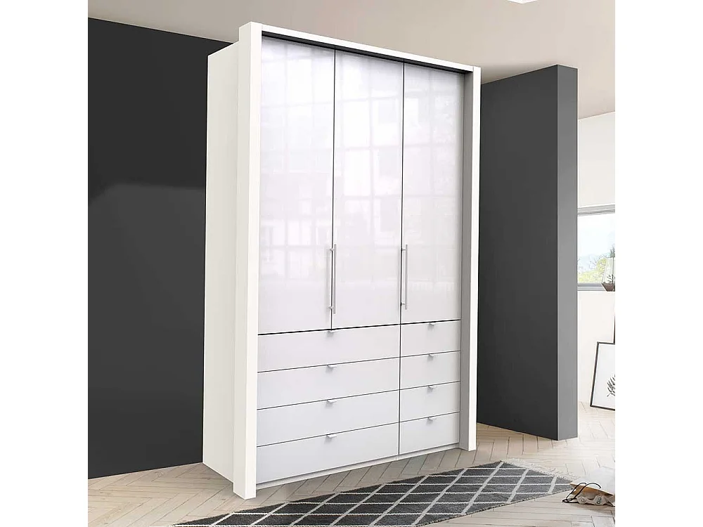 Falttüren Kleiderschrank in Weiß Glas beschichtet acht Schubladen