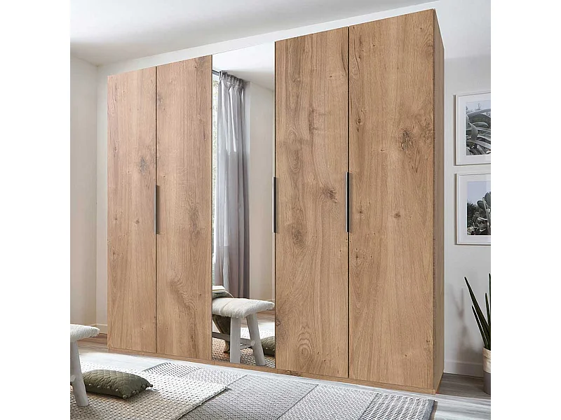 5-türiger Kleiderschrank in Plankeneiche Holzoptik Spiegeltür