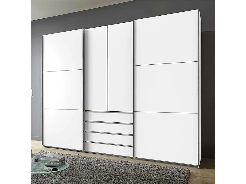 Weißer 300 cm Schlafzimmerkleiderschrank mit Dreh- und Schiebetüren vier Schubladen