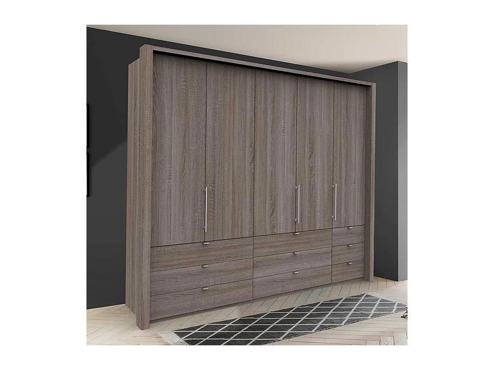 Gleittüren Kleiderschrank in Eiche Trüffelfarben neun Schubladen