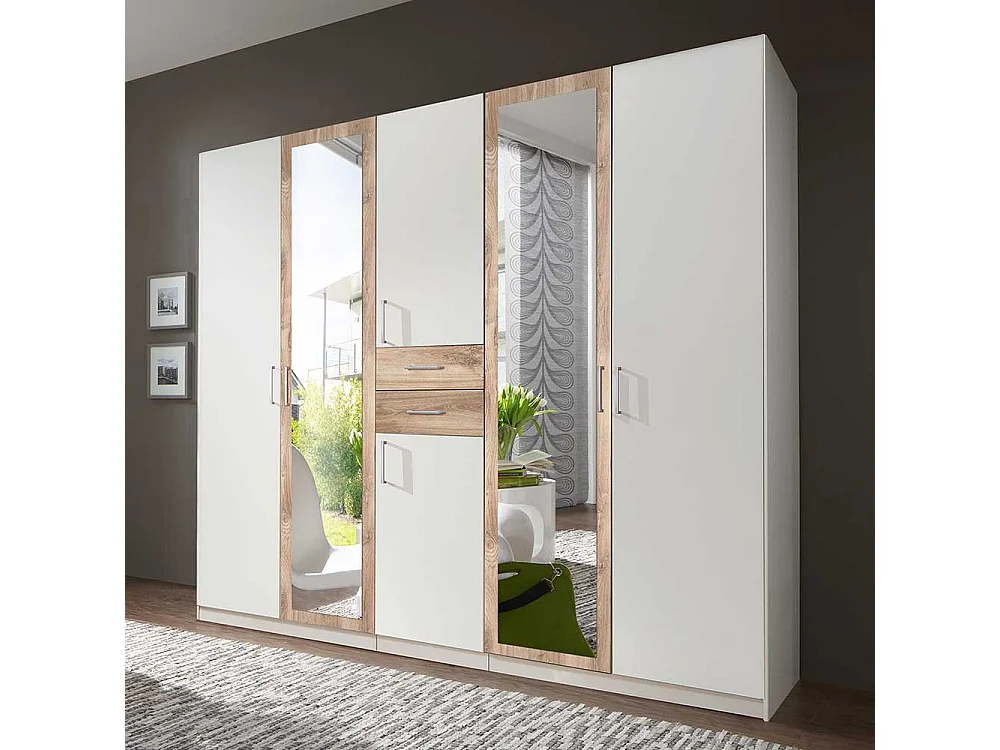 Kleiderschrank mit Spiegeltüren und zwei Schubladen Plankeneiche NB und Weiß
