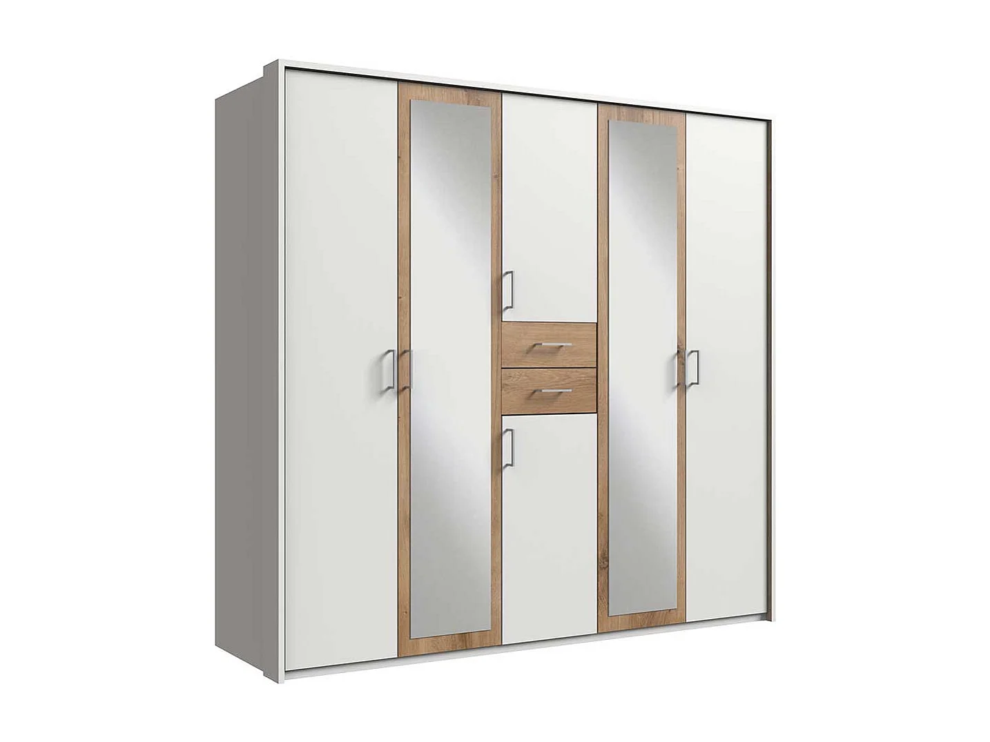 Kleiderschrank mit Spiegeltüren und zwei Schubladen Plankeneiche NB und Weiß