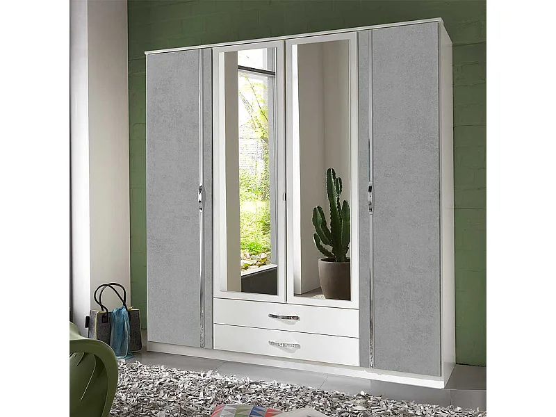 Spiegeltürenschrank in Weiß und Beton Optik Lichtgrau Made in Germany