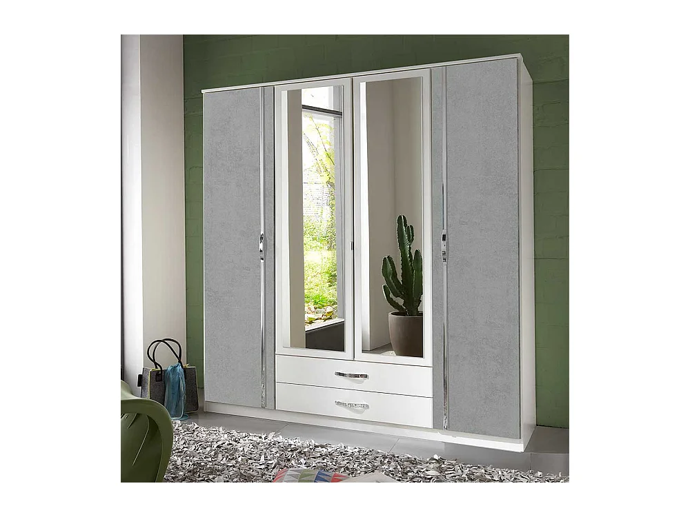 Spiegeltürenschrank in Weiß und Beton Optik Lichtgrau Made in Germany