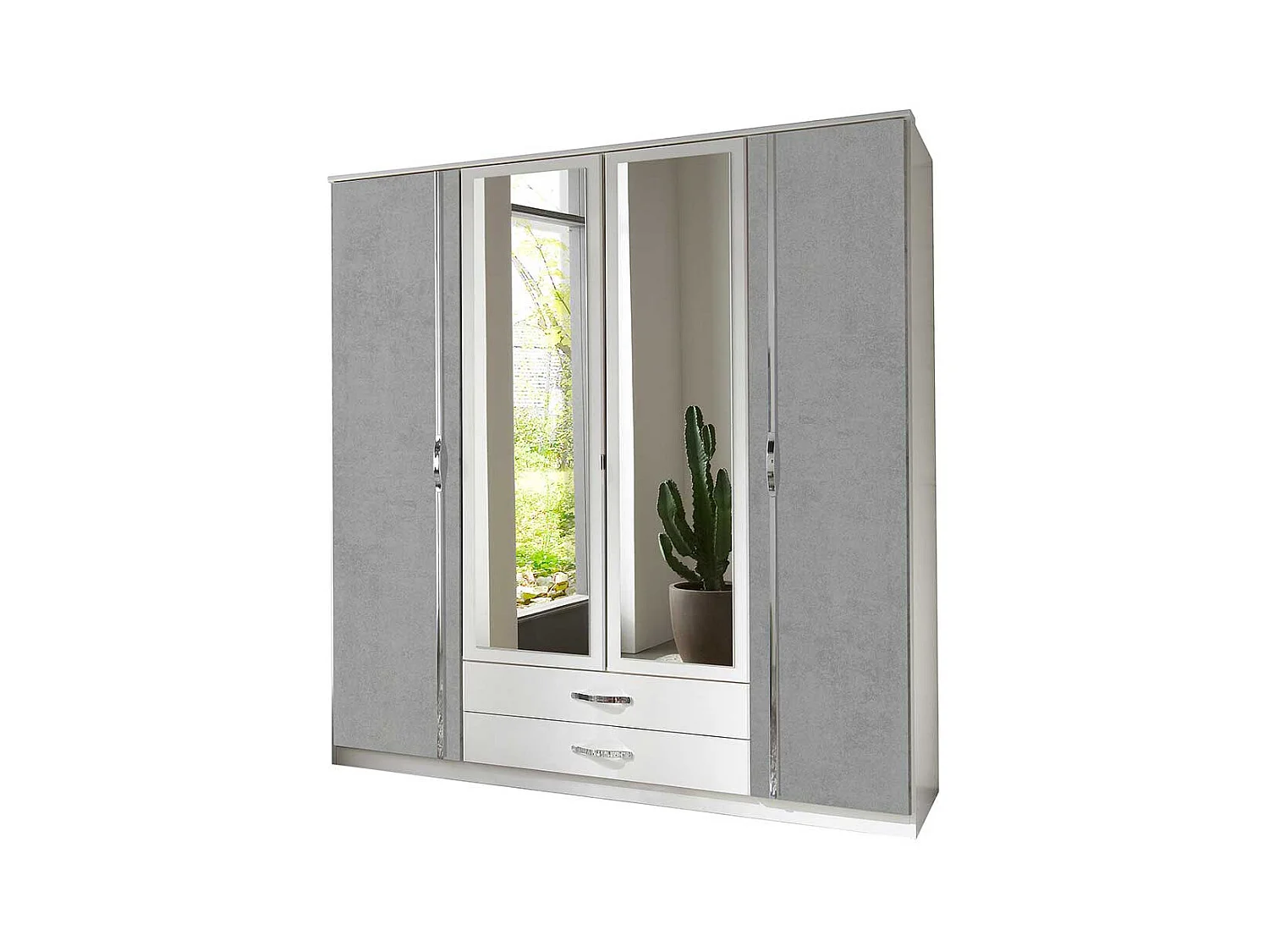 Spiegeltürenschrank in Weiß und Beton Optik Lichtgrau Made in Germany