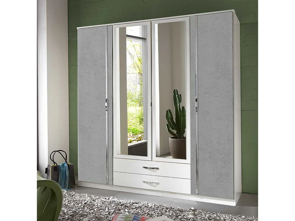 Spiegeltürenschrank in Weiß und Beton Optik Lichtgrau Made in Germany