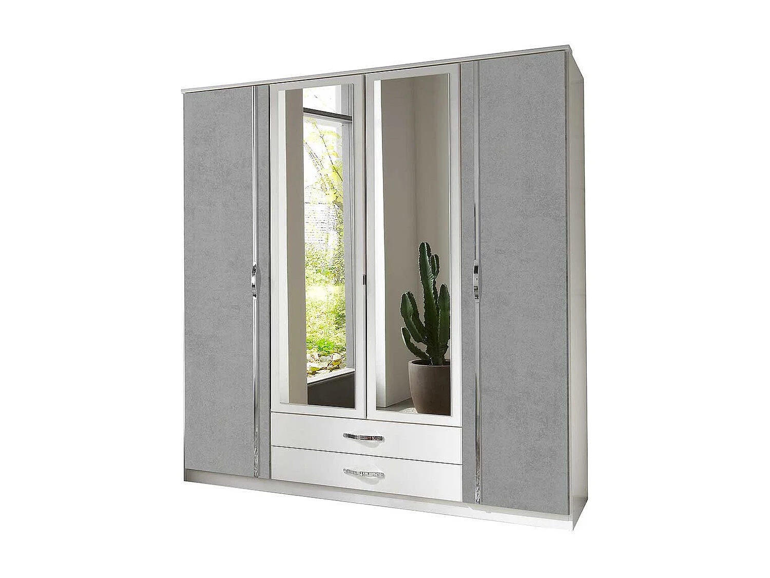 Spiegeltürenschrank in Weiß und Beton Optik Lichtgrau Made in Germany