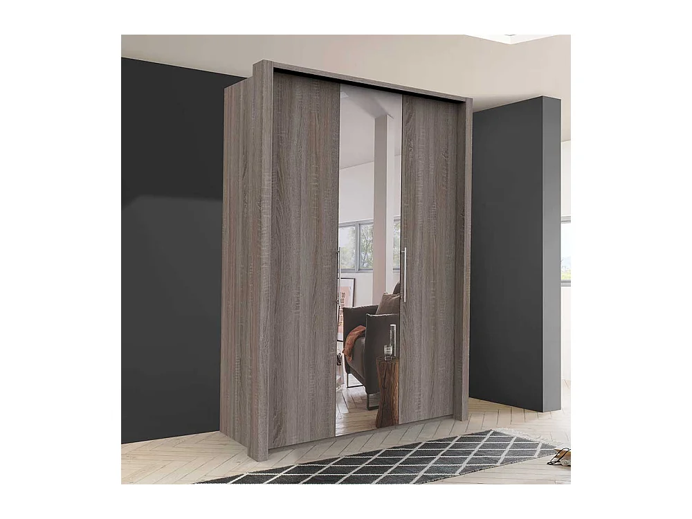 Kleiderschrank 2 türig mit Spiegel Eiche Trüffelfarben