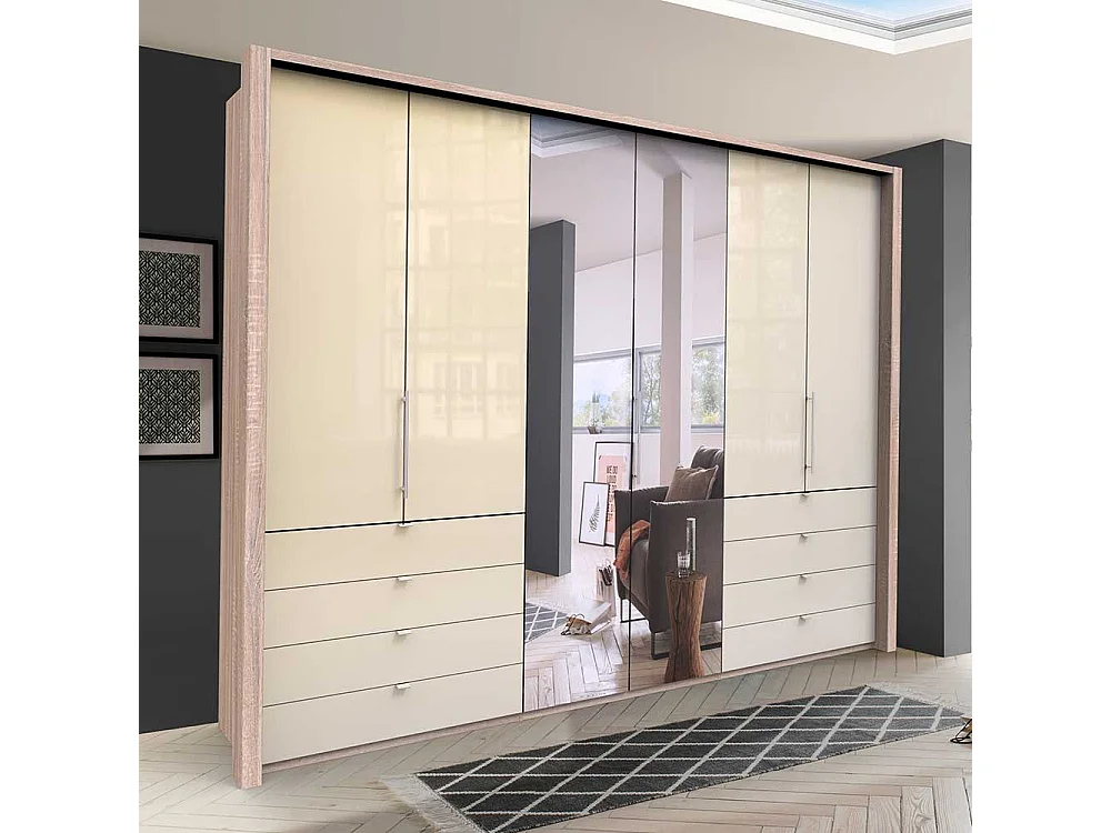 Panorama Kleiderschrank mit drei Falttüren Spiegel und Schubladen glasbeschichtet