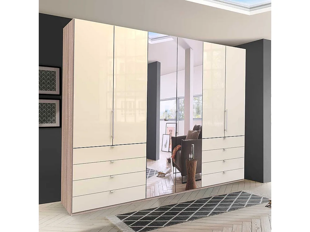 Panorama Kleiderschrank mit drei Falttüren Spiegel und Schubladen glasbeschichtet