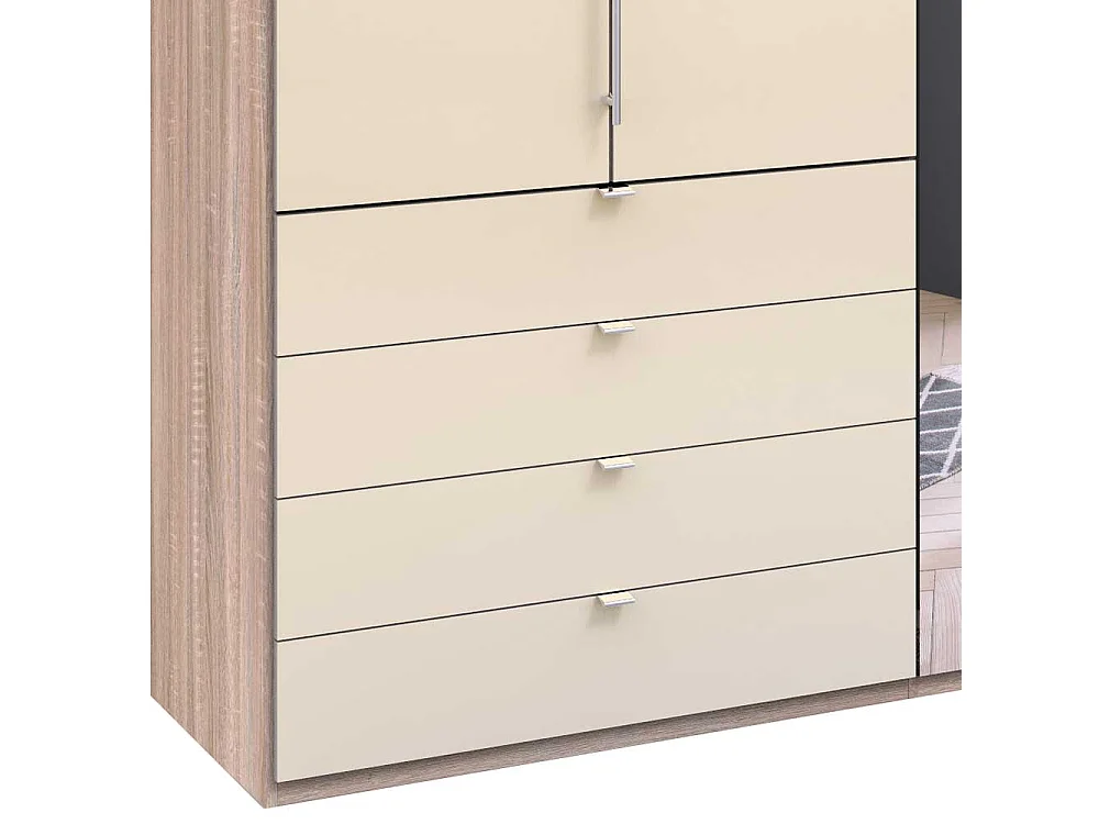 Panorama Kleiderschrank mit drei Falttüren Spiegel und Schubladen glasbeschichtet