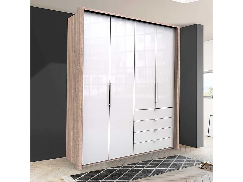 Jugend Kleiderschrank 2 türig mit Schubladen Weiß Eiche Sägerau