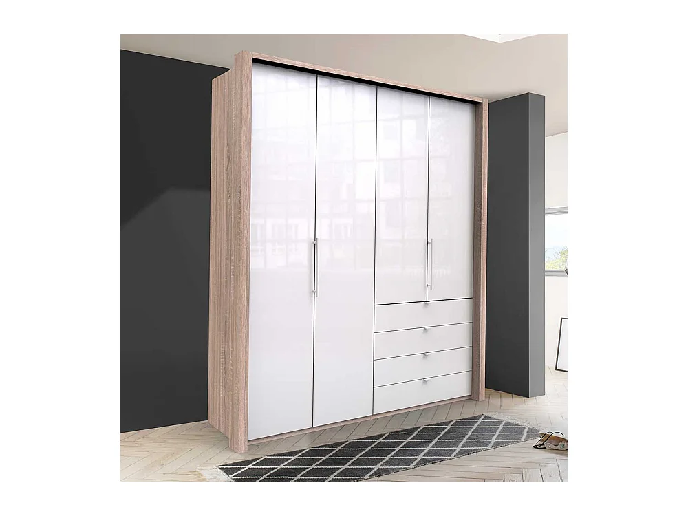 Jugend Kleiderschrank 2 türig mit Schubladen Weiß Eiche Sägerau